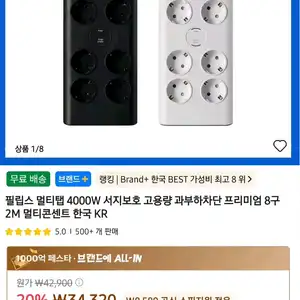 코인딜)필립스 서지보호 프리미엄 멀티탭 2M 8구 과부하차단 ㅇ