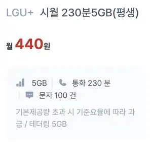 통화 230분, 데이터 5GB(440원/평생)