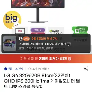 [지마켓] LG G6 32G620B 32인치 QHD 200Hz 게이밍모니터 (체감 28만원대)