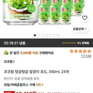 코코팜 탱글탱글 알갱이 포도, 340ml, 24개