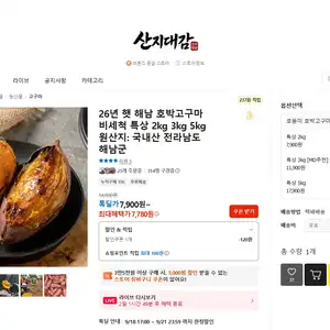 [카카오 톡딜] 26년 햇 해남 호박고구마 비세척 특상 2kg