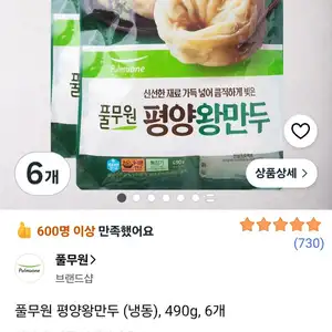 로켓프레시)풀무원 평양왕만두 (냉동), 490g, 6개