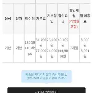 [기타] A모바일 U+알뜰폰 180GB+10Mbps 음성,통화 무제한 7개월 8900원