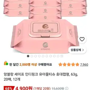 앙블랑 세이프 인디핑크 유아물티슈 휴대캡형, 63g, 20매, 12개