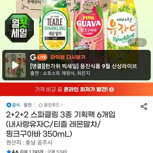 2+2+2 스파클링 3종 기획팩 6개입 (내사랑유자C/티즐 레몬말차/핑크구아바 350mL)