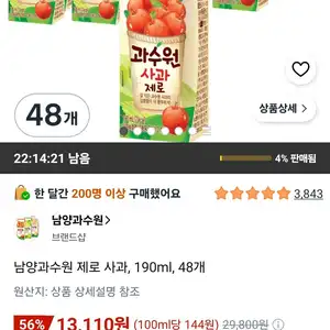 남 양과수원 제로 사과, 190ml, 48개