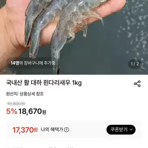 [롯데온] 국내산 활 대하 흰다리새우 1kg (17,370원 / 무배)